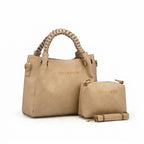 Duo sac à anses tressées et pochette assortie — Beige