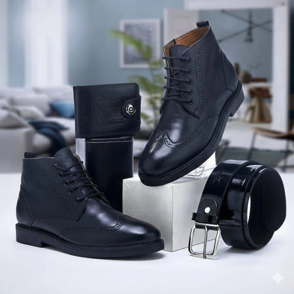 Coffret homme avec bottines à lacets, ceinture et portefeuille — Noir