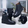Coffret homme avec bottines à lacets, ceinture et portefeuille — Noir