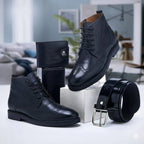 Coffret homme avec bottines à lacets, ceinture et portefeuille — Noir
