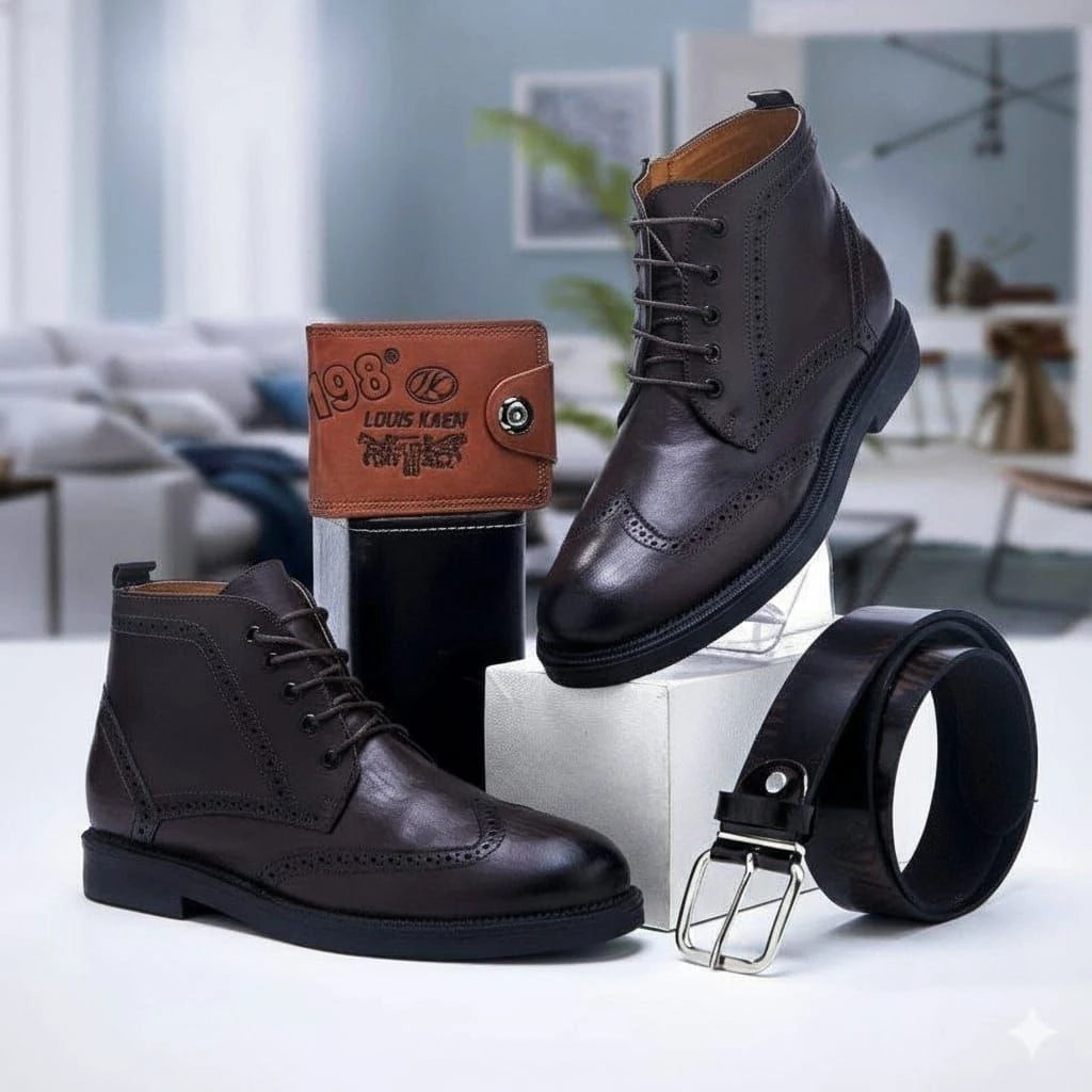 Coffret homme avec bottines à lacets, ceinture et portefeuille — Marron foncé