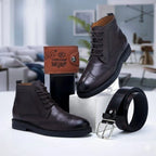 Coffret homme avec bottines à lacets, ceinture et portefeuille — Marron foncé