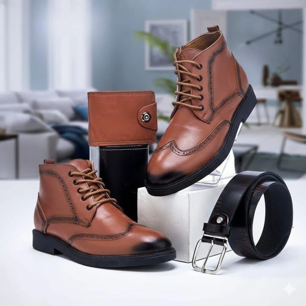Coffret homme avec bottines à lacets, ceinture et portefeuille — Marron