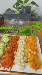 Coupe-légumes Multifonction 16-en-1 avec Boîte de Récupération  Dés – Tranches – Julienne – Ondulé – Râpe – Hachage rapide