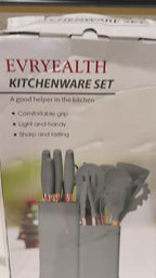 Ensemble 19 Pièces Ustensiles Cuisine + Couteaux – Silicone Antiadhésif, Manche Bois, Support Moderne