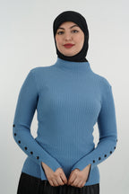 Pull femme à col montant et boutons aux poignets — Bleu Jean
