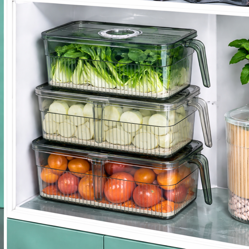 Pack 3 Boîtes de Rangement Frigo Hermétiques & Empilables – Minuterie Date + Plateau Égouttage + Poignée (PP/PET)