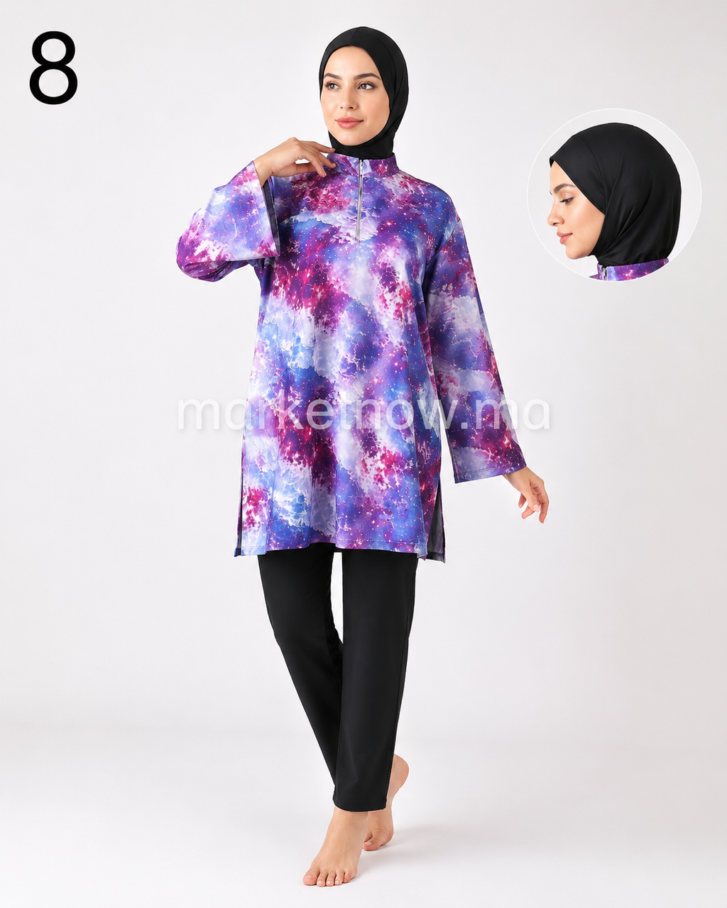 Burkini Multicolore 4 Pièces avec Pantalon Large