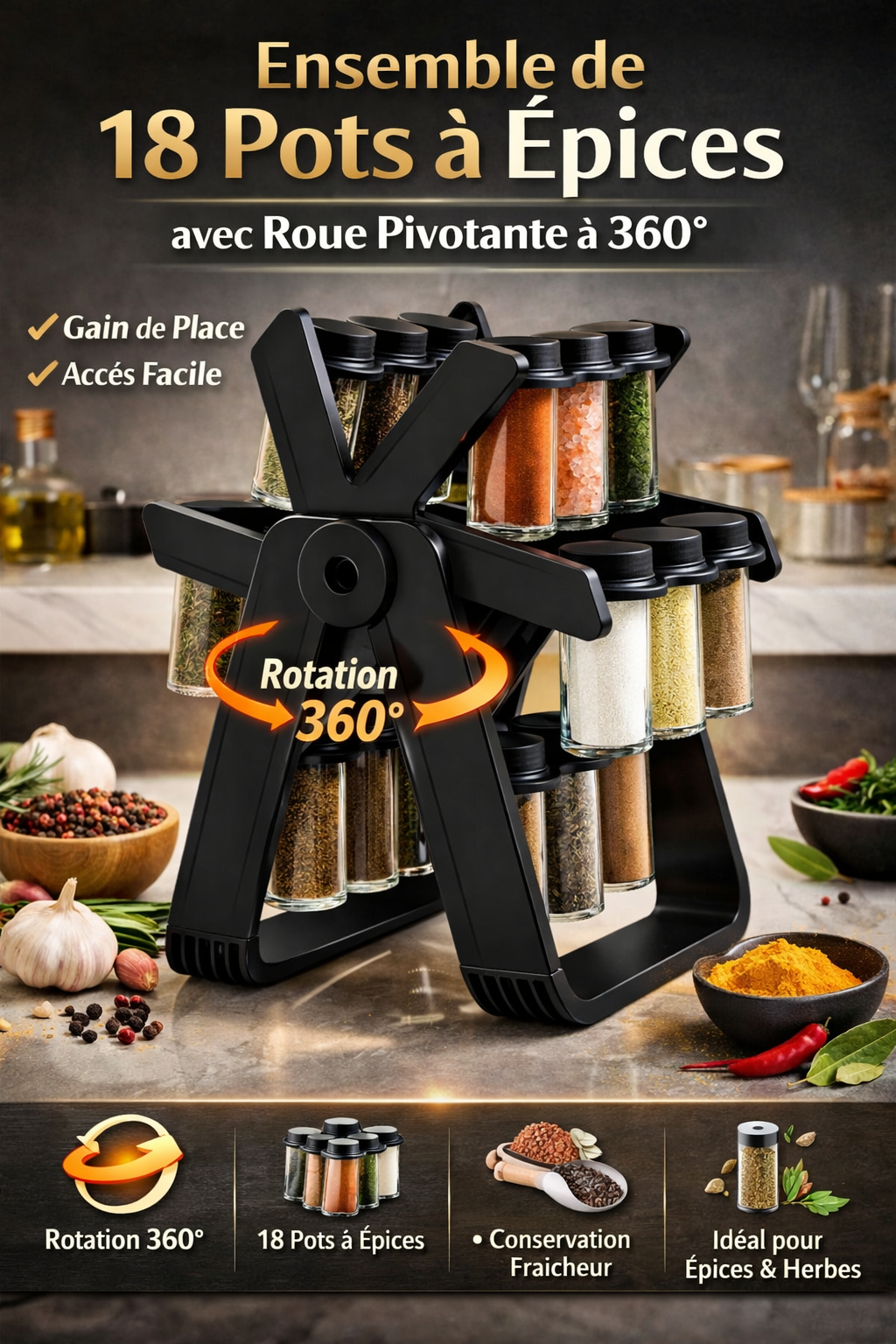 Organiseur à Épices Rotatif 360° – Roue avec 18 Pots en Verre Hermétiques | Gain de Place & Design Élégant