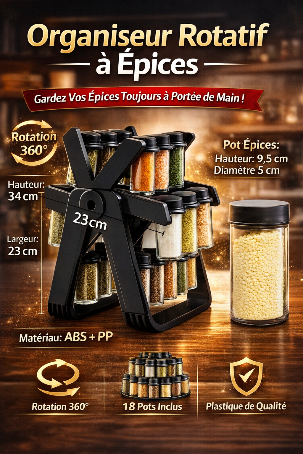 Organiseur à Épices Rotatif 360° – Roue avec 18 Pots en Verre Hermétiques | Gain de Place & Design Élégant
