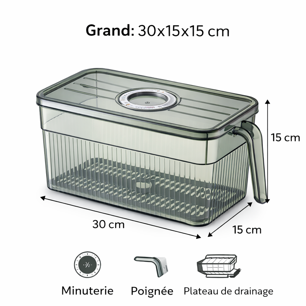 Pack 3 Boîtes de Rangement Frigo Hermétiques & Empilables – Minuterie Date + Plateau Égouttage + Poignée (PP/PET)