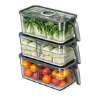 Pack 3 Boîtes de Rangement Frigo Hermétiques & Empilables – Minuterie Date + Plateau Égouttage + Poignée (PP/PET)