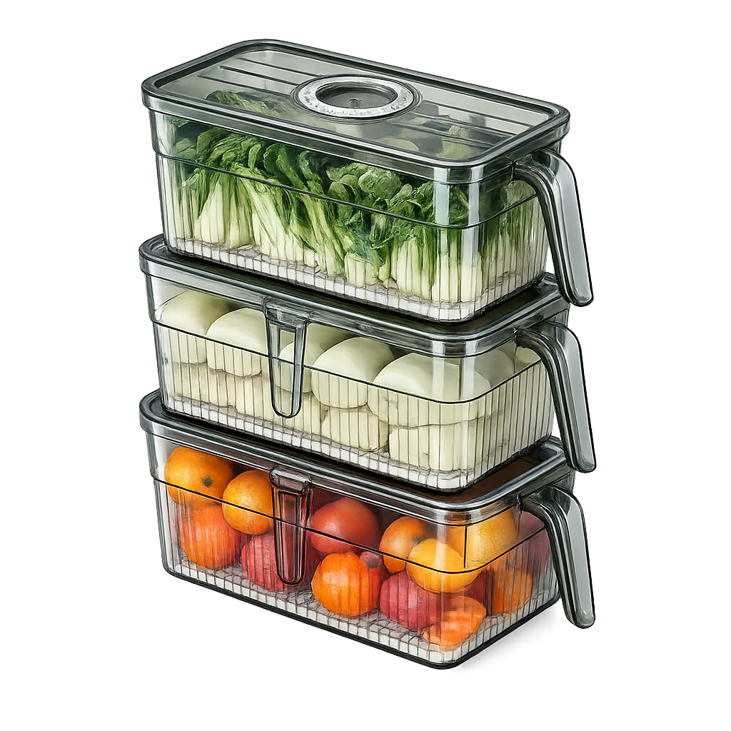 Pack 3 Boîtes de Rangement Frigo Hermétiques & Empilables – Minuterie Date + Plateau Égouttage + Poignée (PP/PET)
