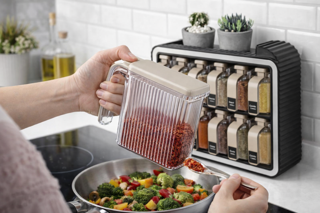 Organisateur d’Épices Mural 12 Bocaux (300 ml) – Support Autocollant + Poignées + Couvercles + 12 Cuillères