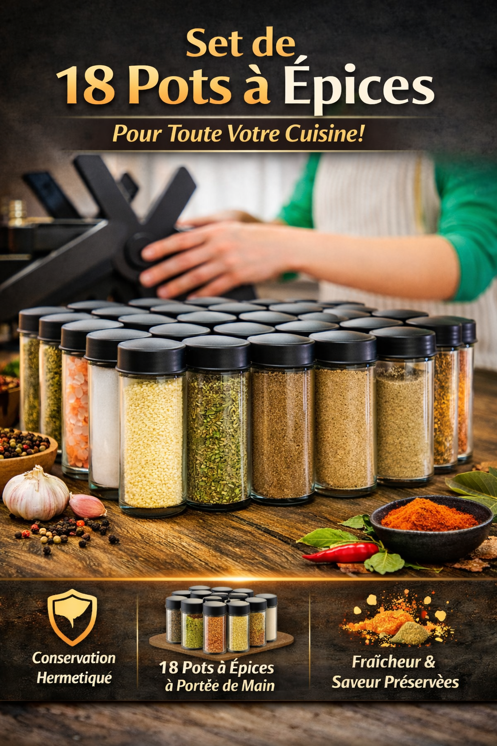 Organiseur à Épices Rotatif 360° – Roue avec 18 Pots en Verre Hermétiques | Gain de Place & Design Élégant