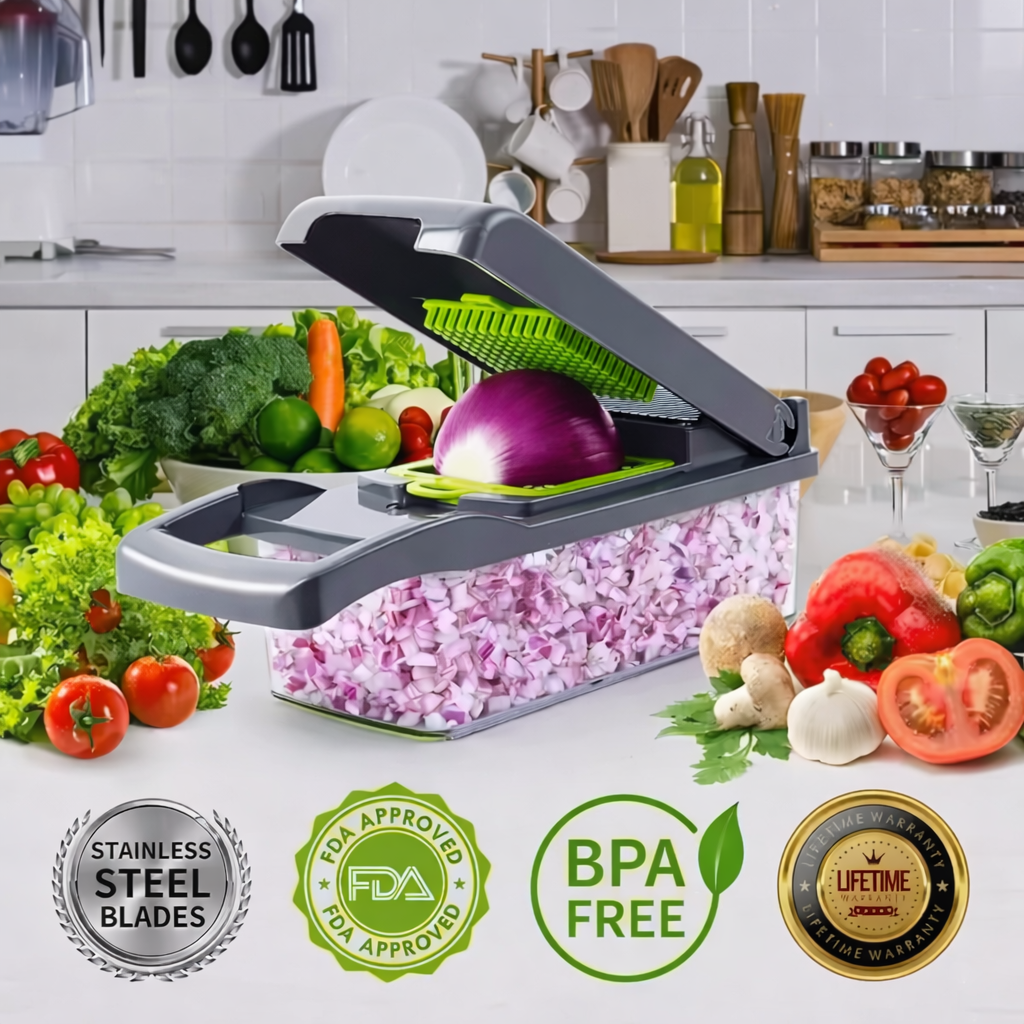 Coupe-légumes Multifonction 16-en-1 avec Boîte de Récupération  Dés – Tranches – Julienne – Ondulé – Râpe – Hachage rapide