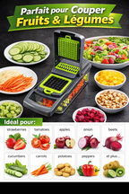 Coupe-légumes Multifonction 16-en-1 avec Boîte de Récupération  Dés – Tranches – Julienne – Ondulé – Râpe – Hachage rapide