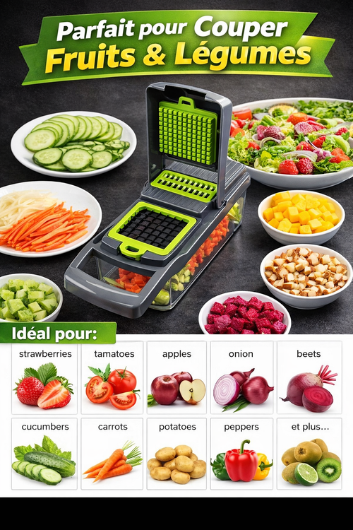 Coupe-légumes Multifonction 16-en-1 avec Boîte de Récupération  Dés – Tranches – Julienne – Ondulé – Râpe – Hachage rapide