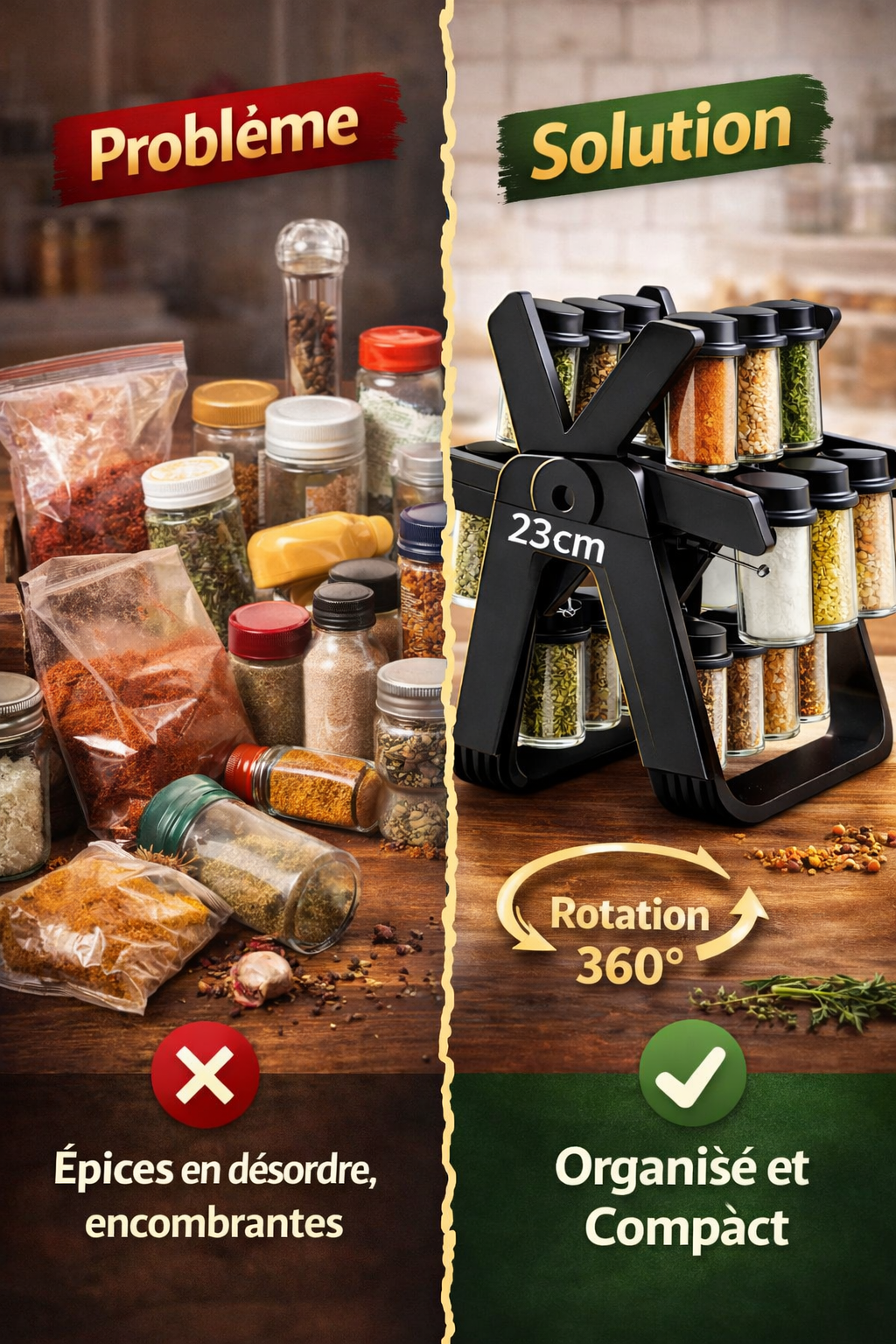 Organiseur à Épices Rotatif 360° – Roue avec 18 Pots en Verre Hermétiques | Gain de Place & Design Élégant