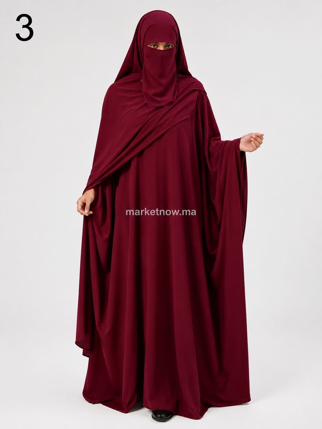 Abaya Femme 3 Pièces en Crêpe avec Cape d’Épaules, Niqab et Foulard