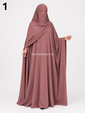Abaya Femme 3 Pièces en Crêpe avec Cape d’Épaules, Niqab et Foulard