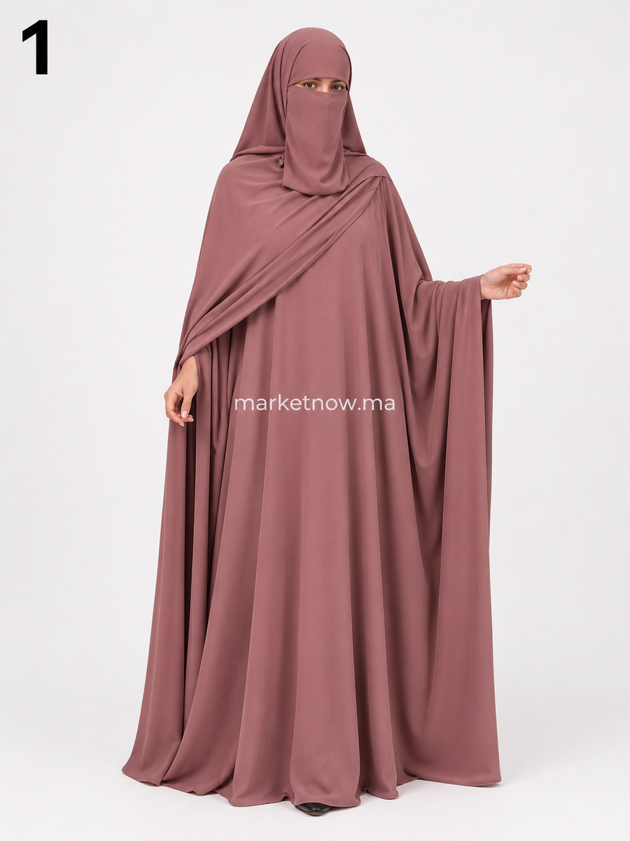 Abaya Femme 3 Pièces en Crêpe avec Cape d’Épaules, Niqab et Foulard