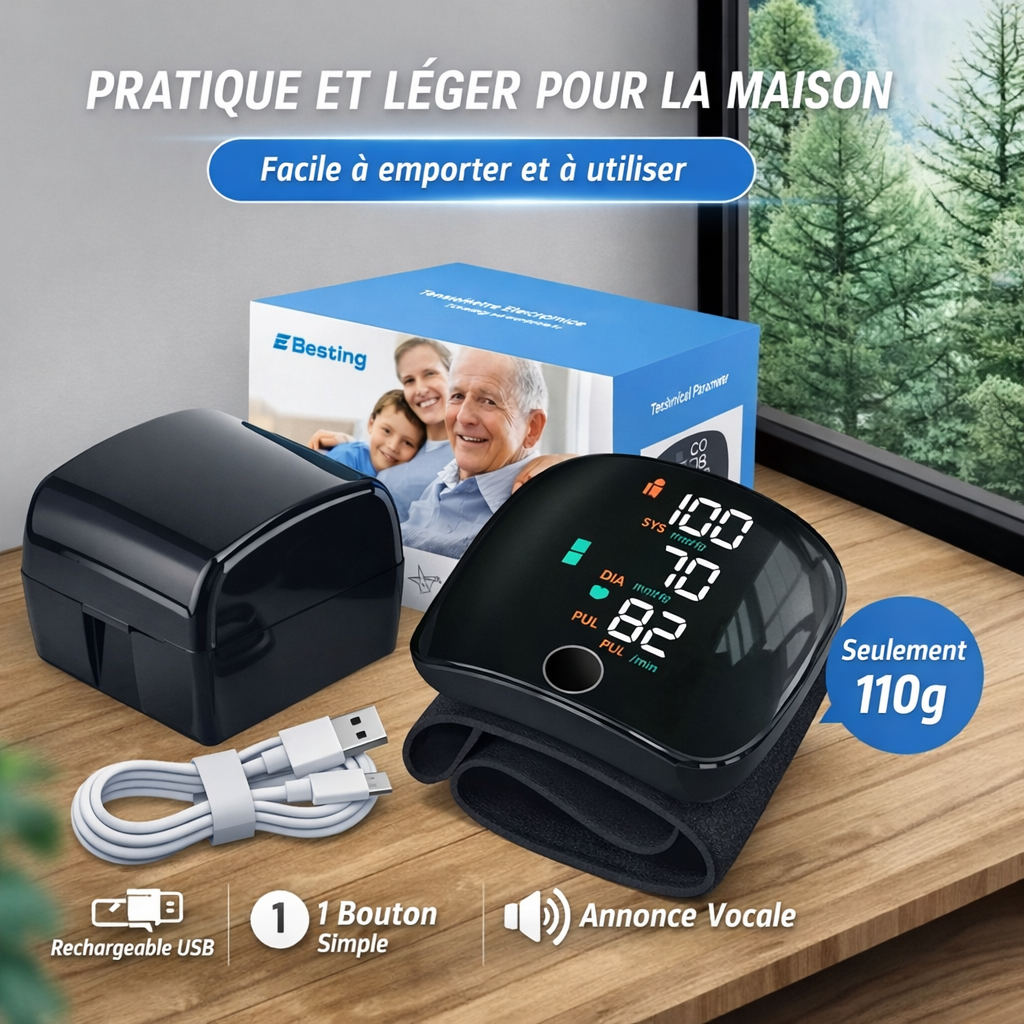 Tensiomètre de Poignet Rechargeable USB – Mesure Rapide & Écran Clair