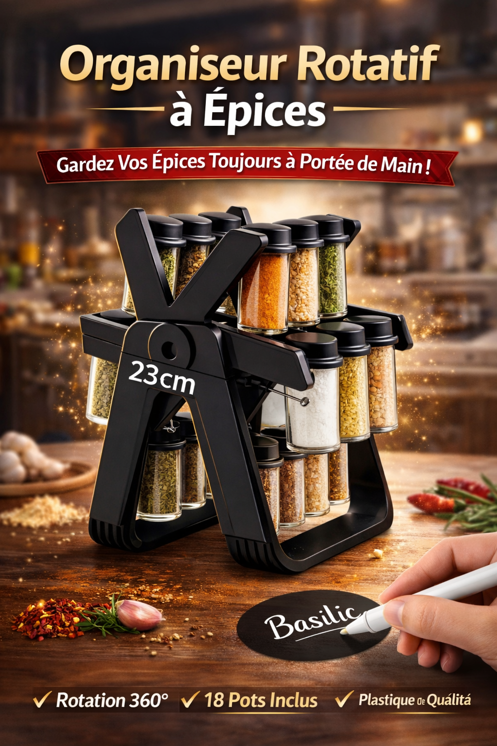 Organiseur à Épices Rotatif 360° – Roue avec 18 Pots en Verre Hermétiques | Gain de Place & Design Élégant