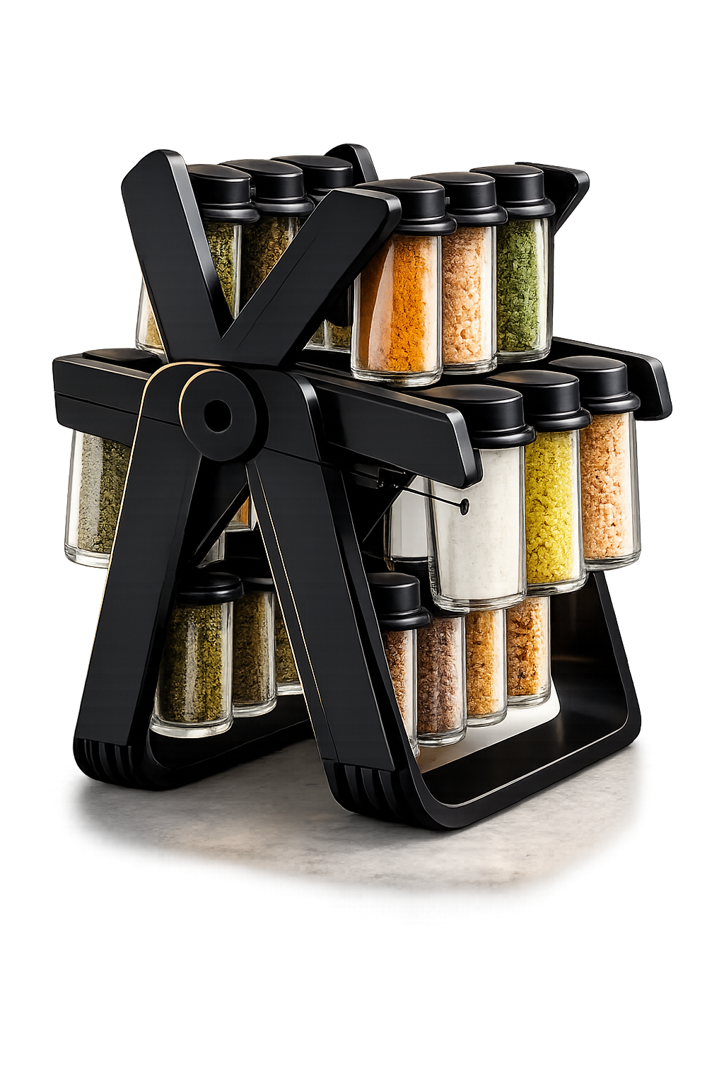 Organiseur à Épices Rotatif 360° – Roue avec 18 Pots en Verre Hermétiques | Gain de Place & Design Élégant