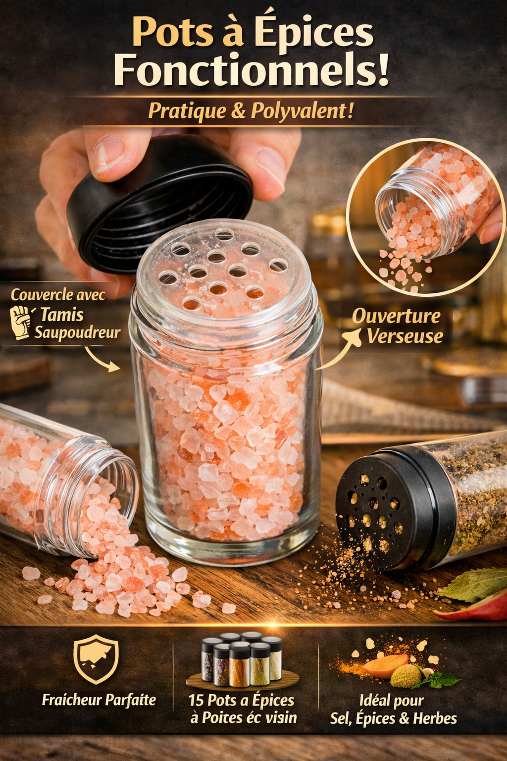 Organiseur à Épices Rotatif 360° – Roue avec 18 Pots en Verre Hermétiques | Gain de Place & Design Élégant