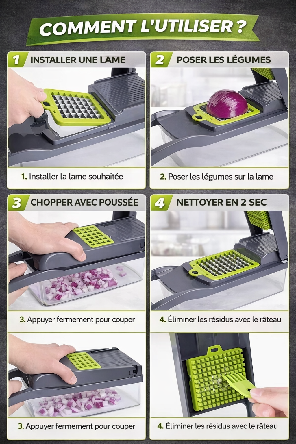 Coupe-légumes Multifonction 16-en-1 avec Boîte de Récupération  Dés – Tranches – Julienne – Ondulé – Râpe – Hachage rapide
