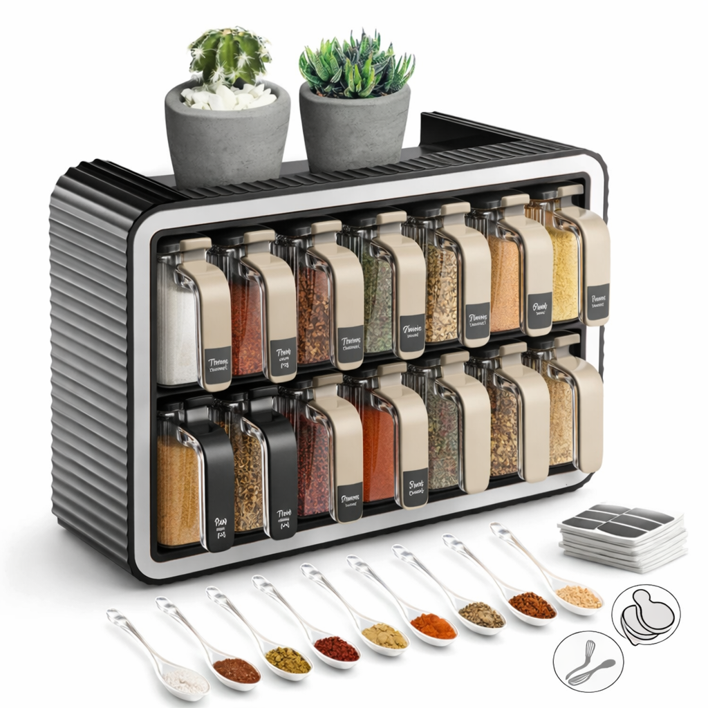 Organisateur d’Épices Mural 12 Bocaux (300 ml) – Support Autocollant + Poignées + Couvercles + 12 Cuillères