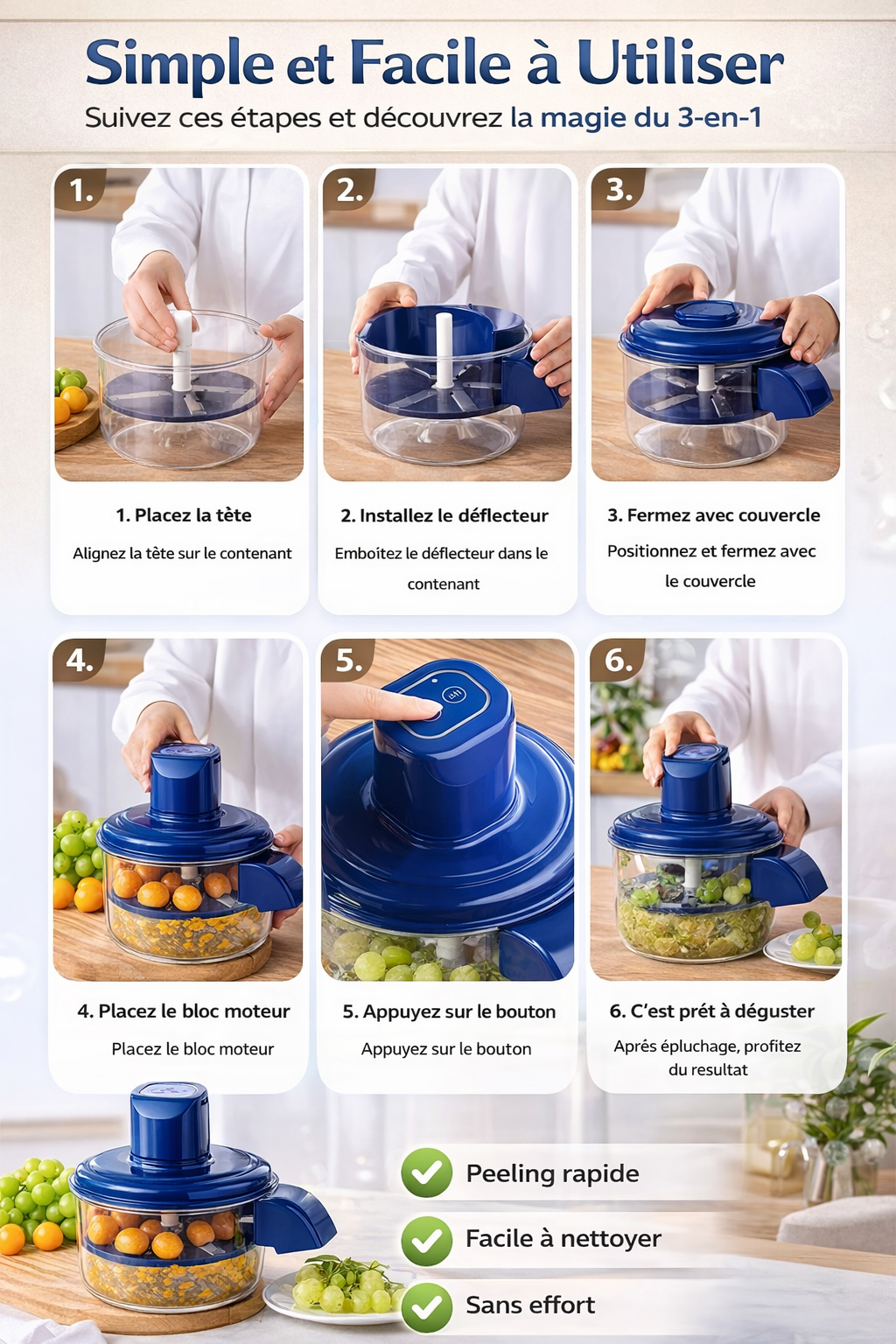 Éplucheur Électrique à Raisins & Tomates Cerises – Acier Inox 304 – Rechargeable 1300 mAh – 50W – 1-touche