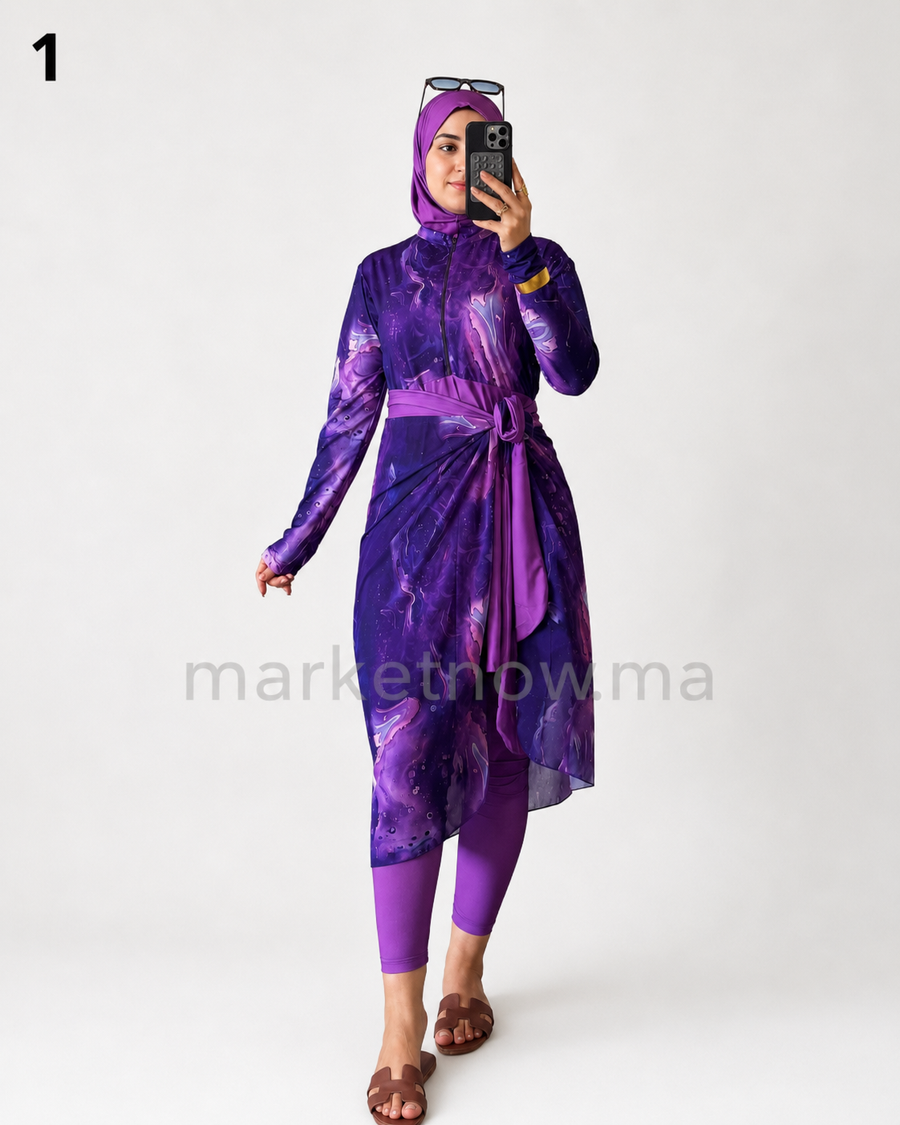 Burkini Flower 5 Pièces Femme avec Robe & Cache-Maillot – Tissu Cyclisme et Mousseline | S à XXL