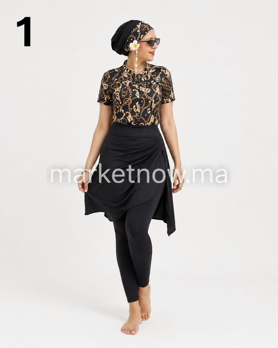 Burkini Femme 4 Pièces avec Bonnet – Maillot de Bain Modeste | Tailles S à 2XL