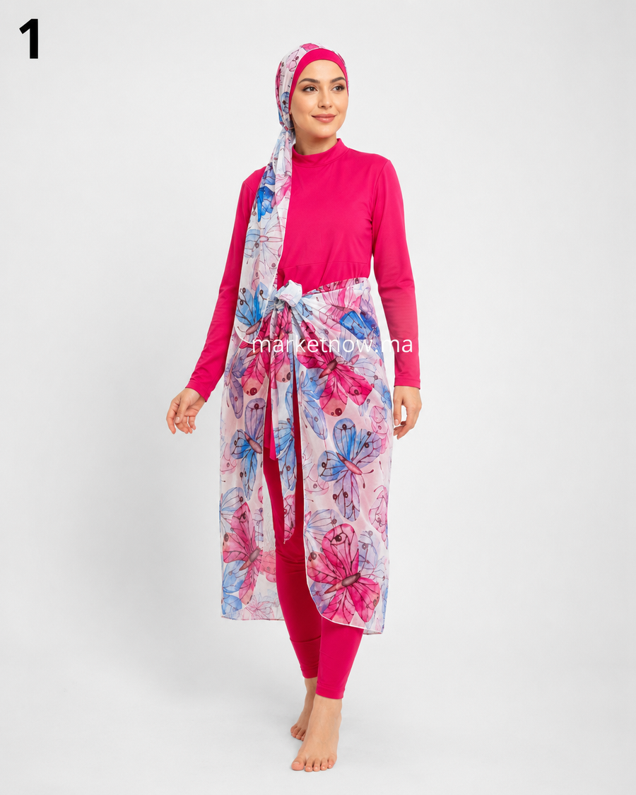 Burkini Flora Femme 5 Pièces avec Cache-Maillot en Mousseline | Tailles S à XL