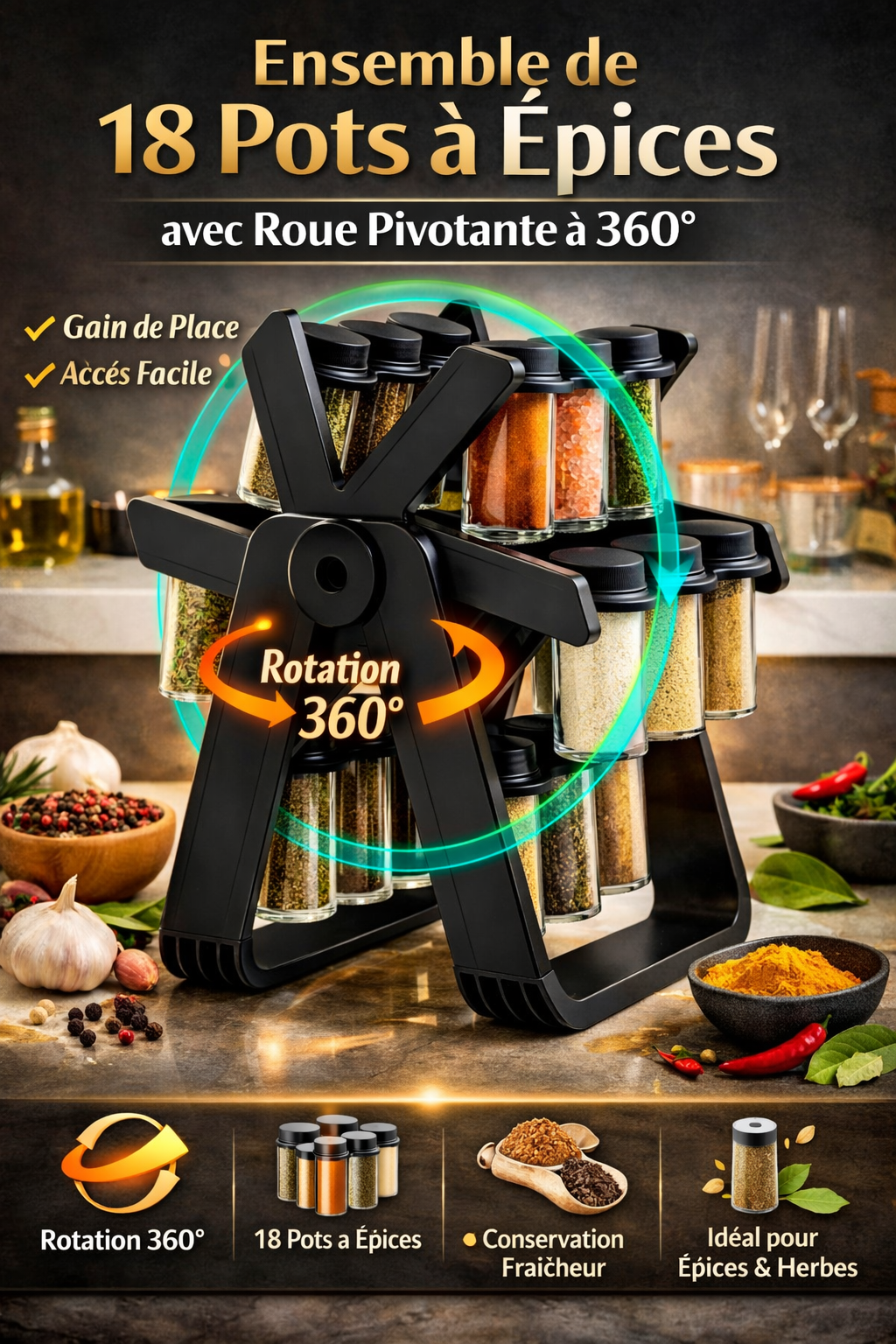 Organiseur à Épices Rotatif 360° – Roue avec 18 Pots en Verre Hermétiques | Gain de Place & Design Élégant