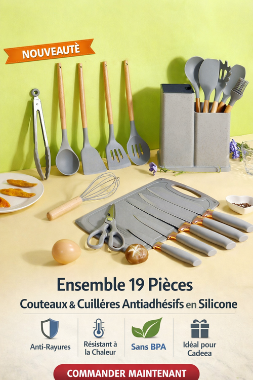 Ensemble 19 Pièces Ustensiles Cuisine + Couteaux – Silicone Antiadhésif, Manche Bois, Support Moderne