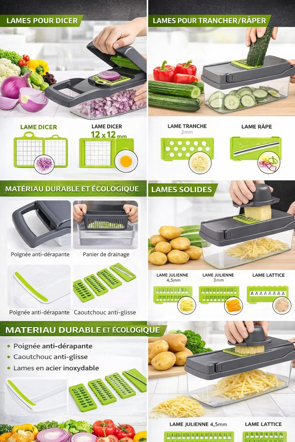 Coupe-légumes Multifonction 16-en-1 avec Boîte de Récupération  Dés – Tranches – Julienne – Ondulé – Râpe – Hachage rapide