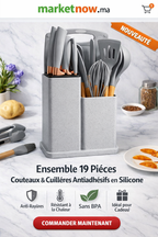 Ensemble 19 Pièces Ustensiles Cuisine + Couteaux – Silicone Antiadhésif, Manche Bois, Support Moderne