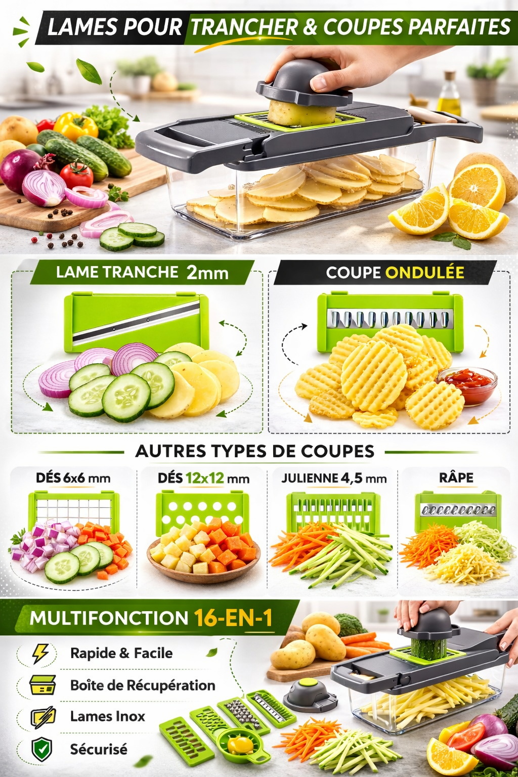 Coupe-légumes Multifonction 16-en-1 avec Boîte de Récupération  Dés – Tranches – Julienne – Ondulé – Râpe – Hachage rapide