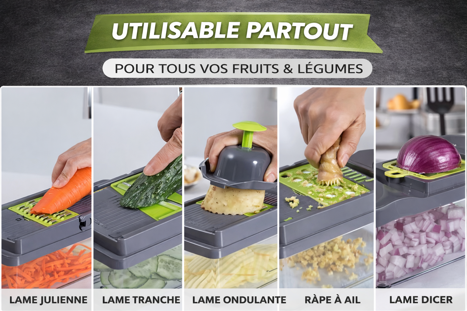 Coupe-légumes Multifonction 16-en-1 avec Boîte de Récupération  Dés – Tranches – Julienne – Ondulé – Râpe – Hachage rapide