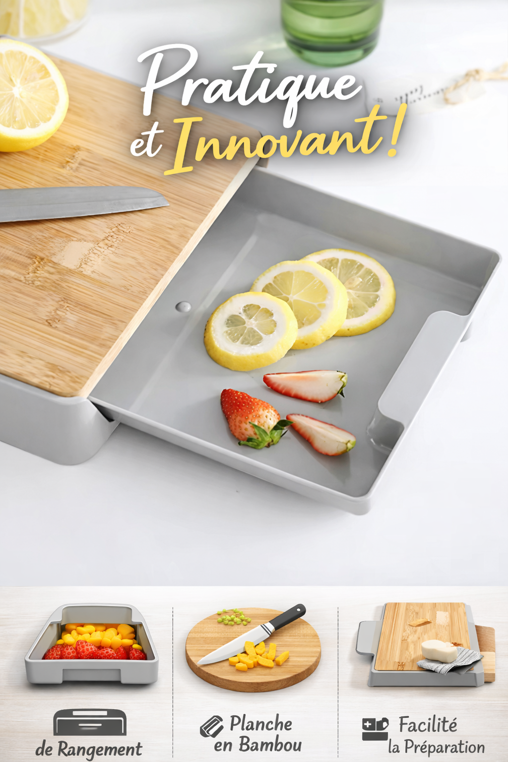 Planche à Découper en Bambou avec Tiroir de Rangement – Antidérapante, Double Face (32,5 × 24,5 × 4,8 cm)