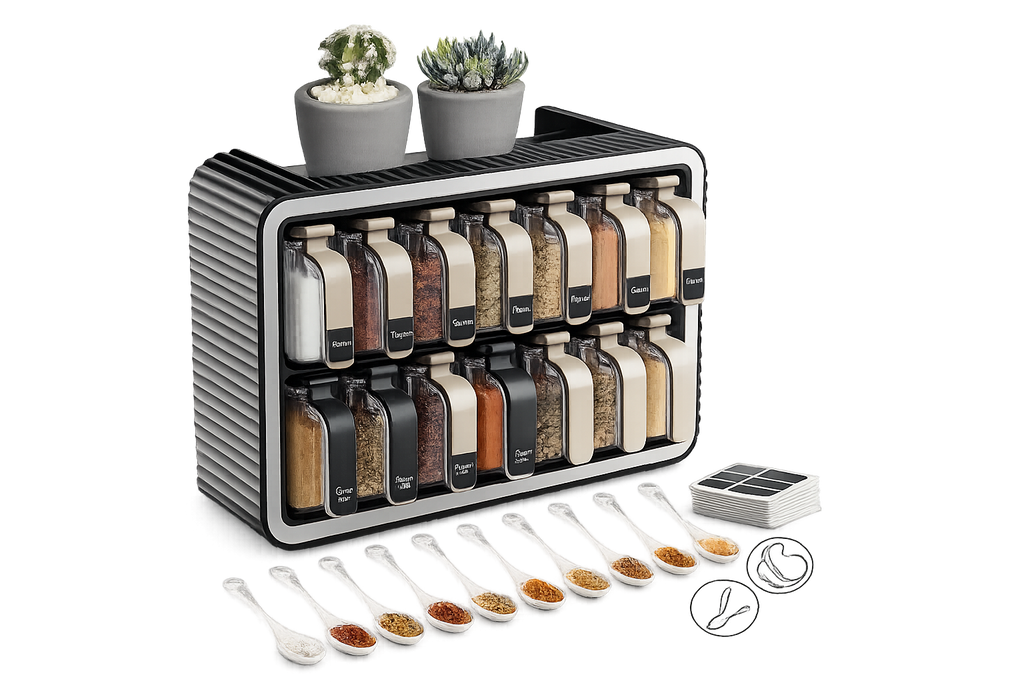 Organisateur d’Épices Mural 12 Bocaux (300 ml) – Support Autocollant + Poignées + Couvercles + 12 Cuillères
