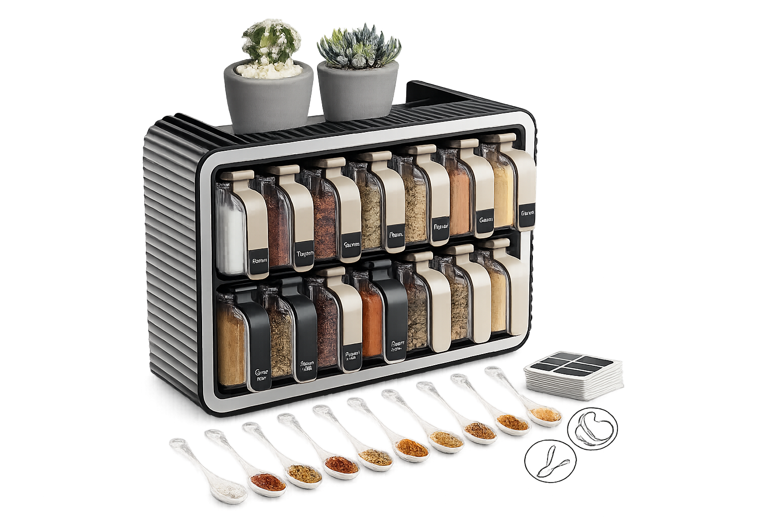 Organisateur d’Épices Mural 12 Bocaux (300 ml) – Support Autocollant + Poignées + Couvercles + 12 Cuillères