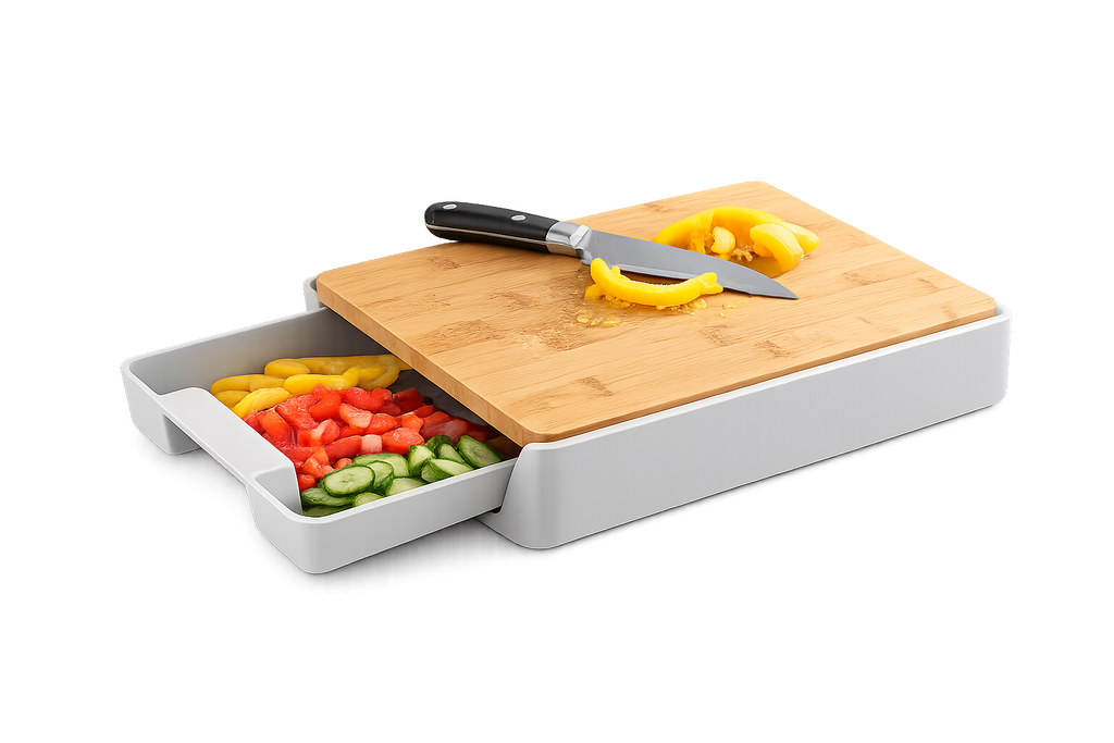 Planche à Découper en Bambou avec Tiroir de Rangement – Antidérapante, Double Face (32,5 × 24,5 × 4,8 cm)