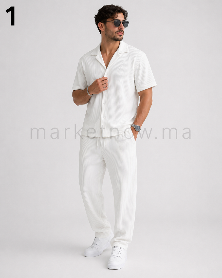 Ensemble Homme Rayé – Chemise & Pantalon Casual Été