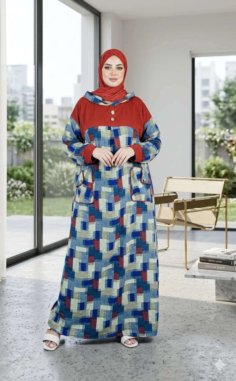 Djellaba à capuche et motifs géométriques multicolores — Rouille