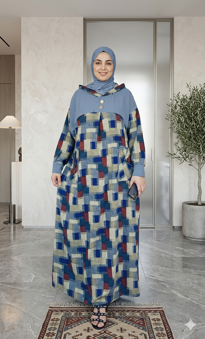 Djellaba à capuche et motifs géométriques multicolores — Gris