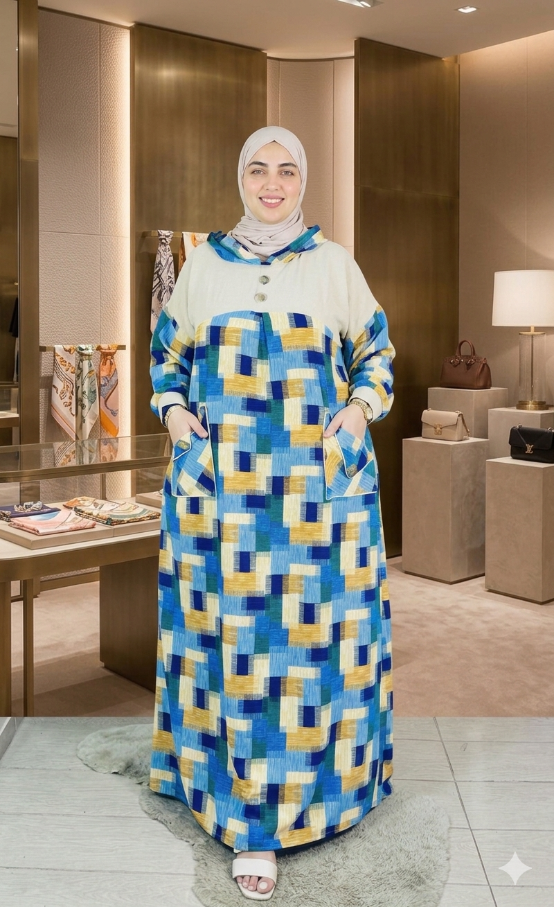 Djellaba à capuche et motifs géométriques multicolores — Beige